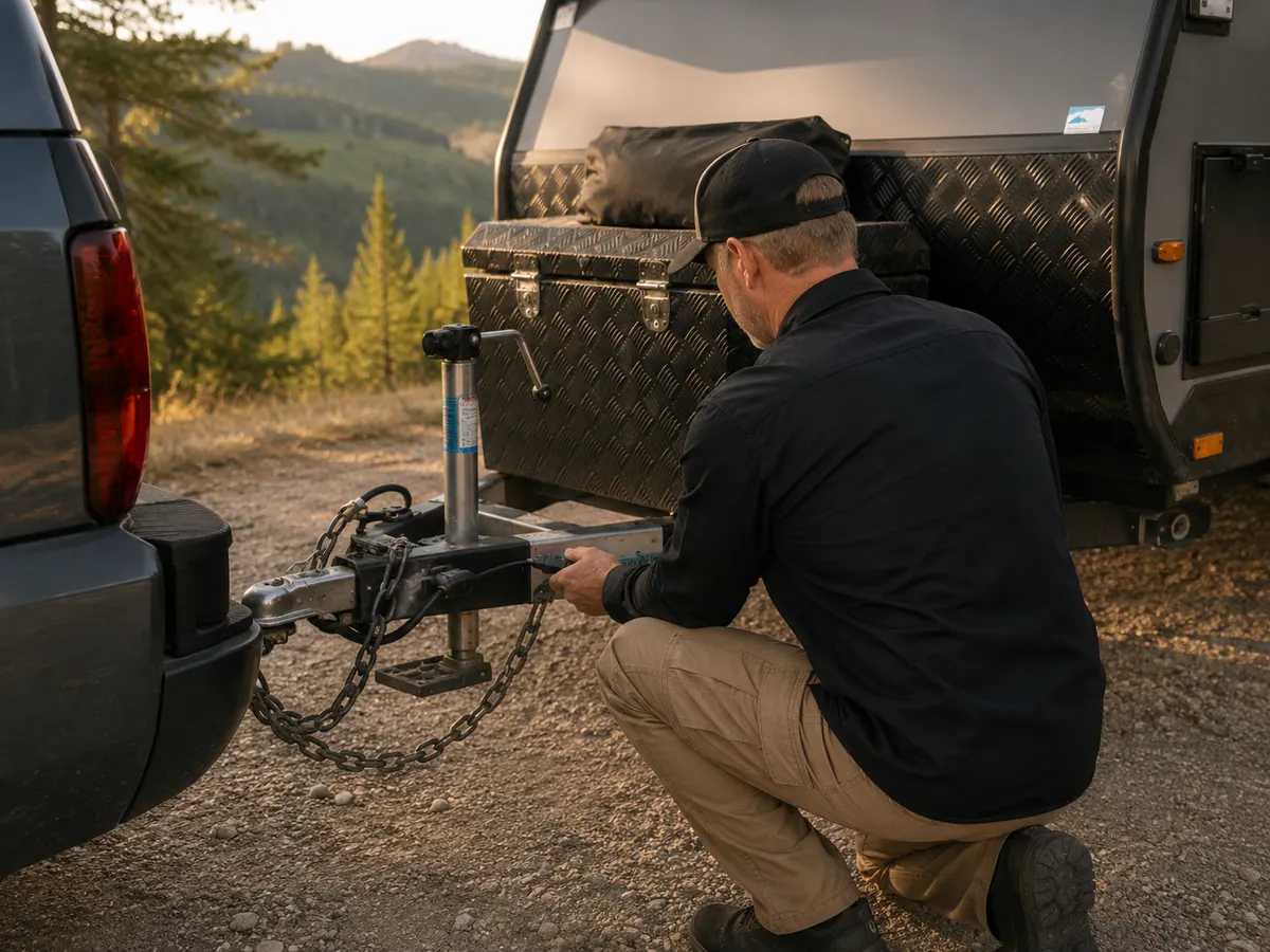 A concierge professional checking the electrical connection between a tow vehicle and an off-road travel trailer.
