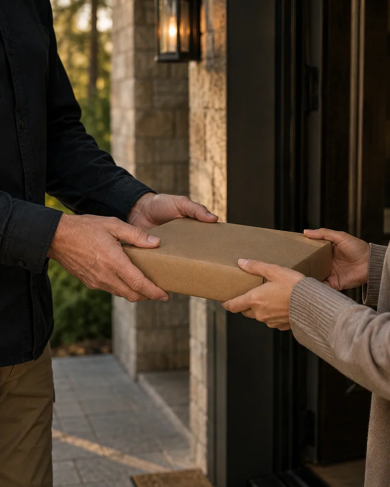 A small unbranded parcel being carefully handed to a recipient at a mountain-property entrance.