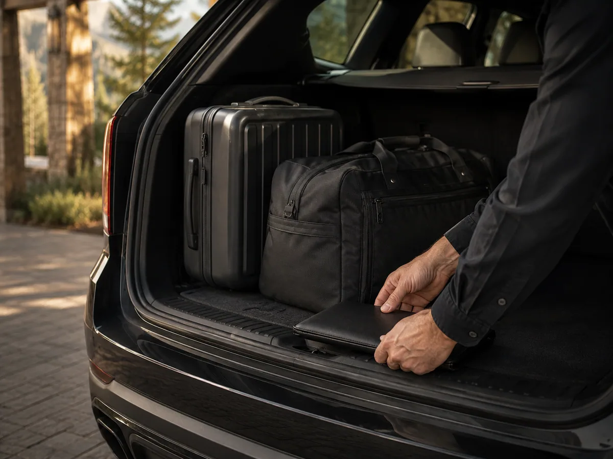 Travel luggage and a folio being carefully organized in the cargo area of a dark SUV.