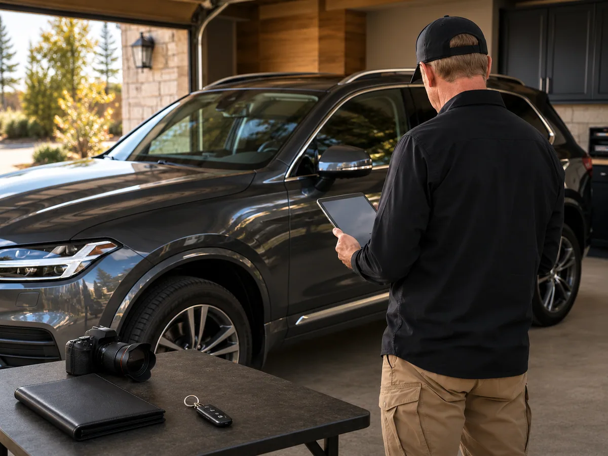 A concierge professional reviewing vehicle details beside a dark SUV in a private garage.