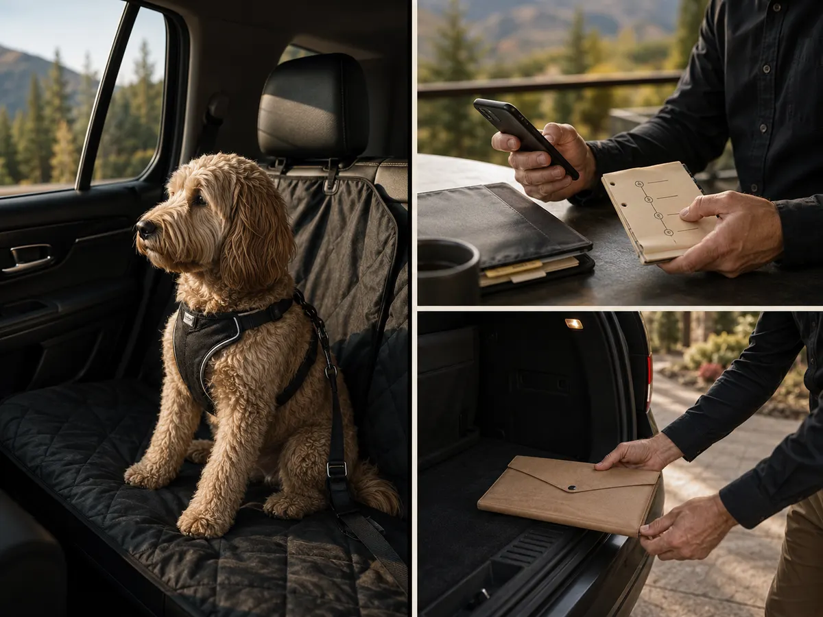 Three coordinated logistics scenes showing a secured companion dog, route planning, and careful handling of a personal document pouch.