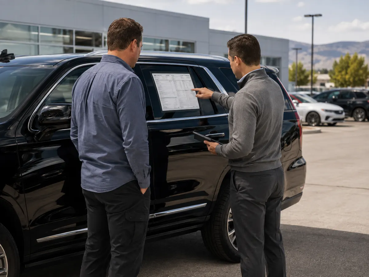 A client advocate reviewing a new SUV’s factory-style window information with a dealership representative.
