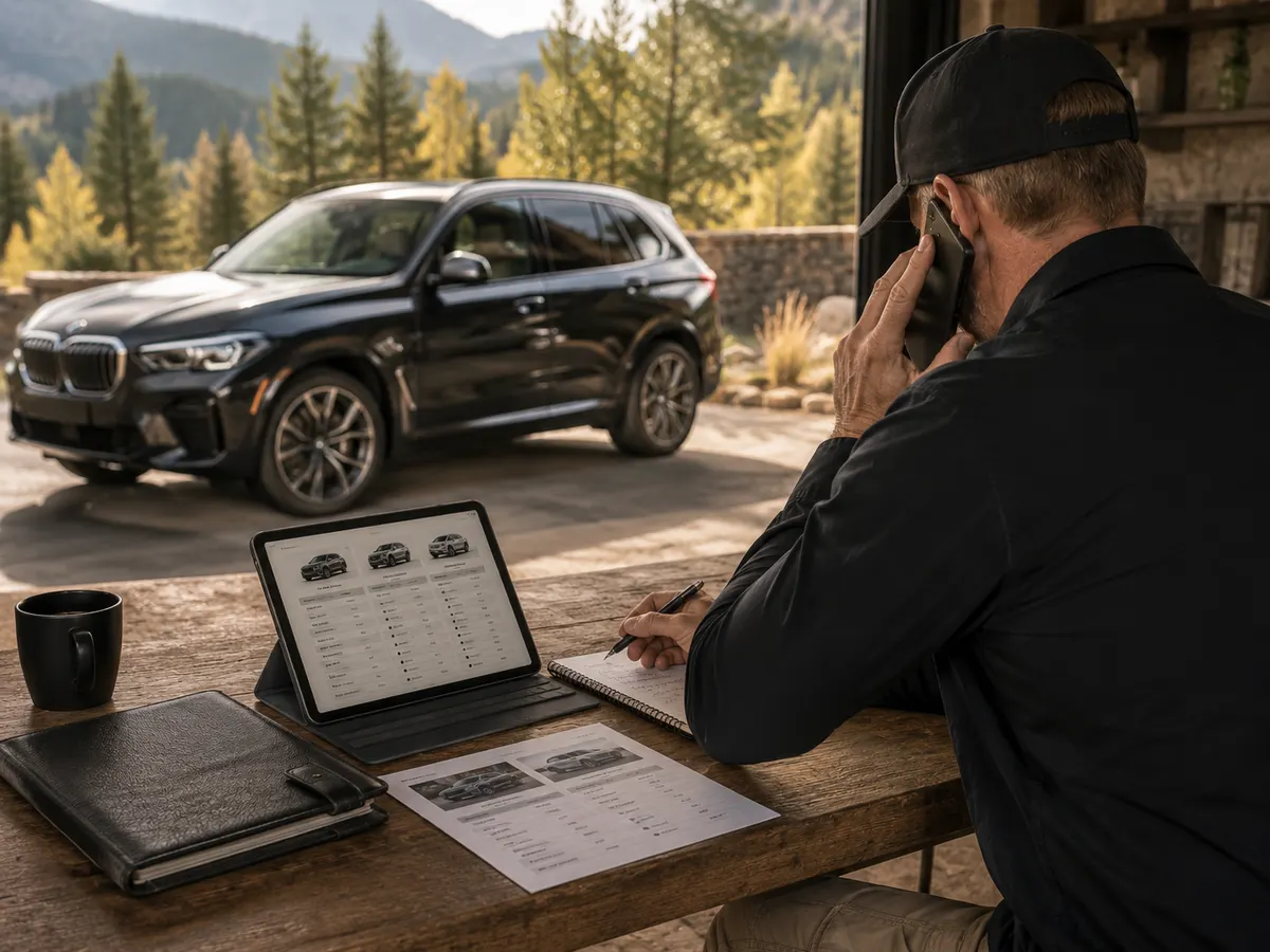A concierge professional reviewing vehicle market comparisons while coordinating the preparation of a dark SUV for private sale.